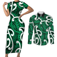 Aotearoa Maori Kowhaiwhai Couples Matching Short Sleeve Bodycon Dress and Long Sleeve Button Shirt Kakariki Puhoro and Patiki LT9 Green - Polynesian Pride