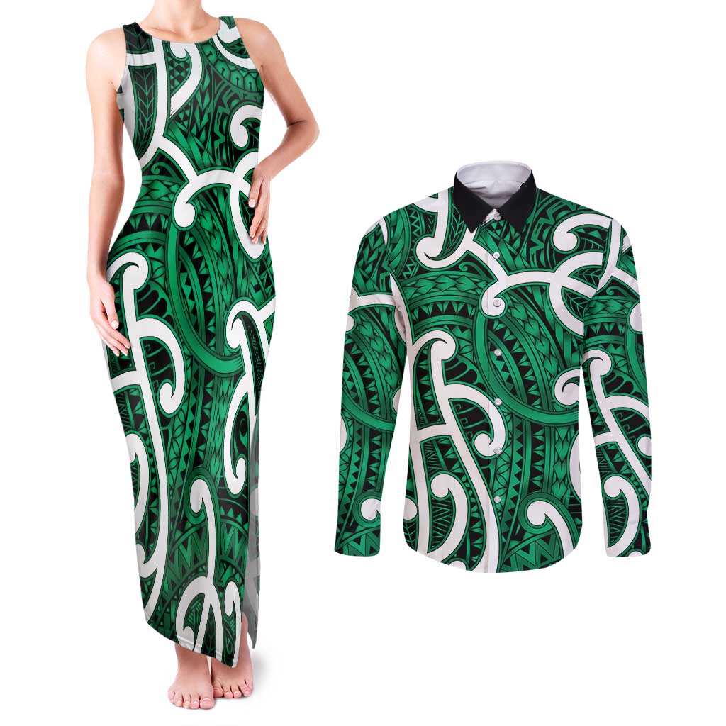 Aotearoa Maori Kowhaiwhai Couples Matching Tank Maxi Dress and Long Sleeve Button Shirt Kakariki Puhoro and Patiki LT9 Green - Polynesian Pride