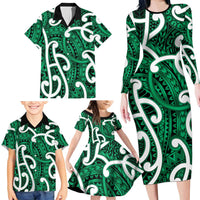 Aotearoa Maori Kowhaiwhai Family Matching Long Sleeve Bodycon Dress and Hawaiian Shirt Kakariki Puhoro and Patiki LT9 - Polynesian Pride