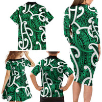 Aotearoa Maori Kowhaiwhai Family Matching Long Sleeve Bodycon Dress and Hawaiian Shirt Kakariki Puhoro and Patiki LT9 - Polynesian Pride
