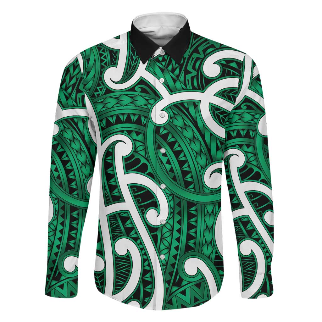 Aotearoa Maori Kowhaiwhai Family Matching Long Sleeve Bodycon Dress and Hawaiian Shirt Kakariki Puhoro and Patiki LT9 Dad's Shirt - Long Sleeve Green - Polynesian Pride