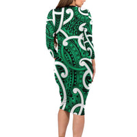 Aotearoa Maori Kowhaiwhai Family Matching Long Sleeve Bodycon Dress and Hawaiian Shirt Kakariki Puhoro and Patiki LT9 - Polynesian Pride
