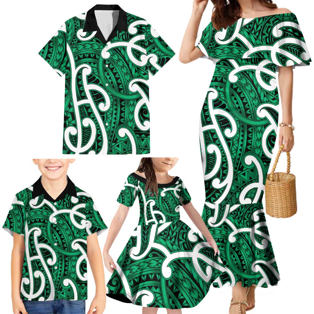 Aotearoa Maori Kowhaiwhai Family Matching Mermaid Dress and Hawaiian Shirt Kakariki Puhoro and Patiki LT9 - Polynesian Pride