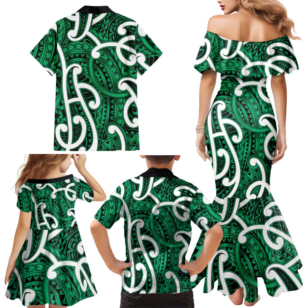 Aotearoa Maori Kowhaiwhai Family Matching Mermaid Dress and Hawaiian Shirt Kakariki Puhoro and Patiki LT9 - Polynesian Pride