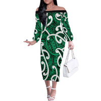 Aotearoa Maori Kowhaiwhai Family Matching Off The Shoulder Long Sleeve Dress and Hawaiian Shirt Kakariki Puhoro and Patiki LT9 Mom's Dress Green - Polynesian Pride