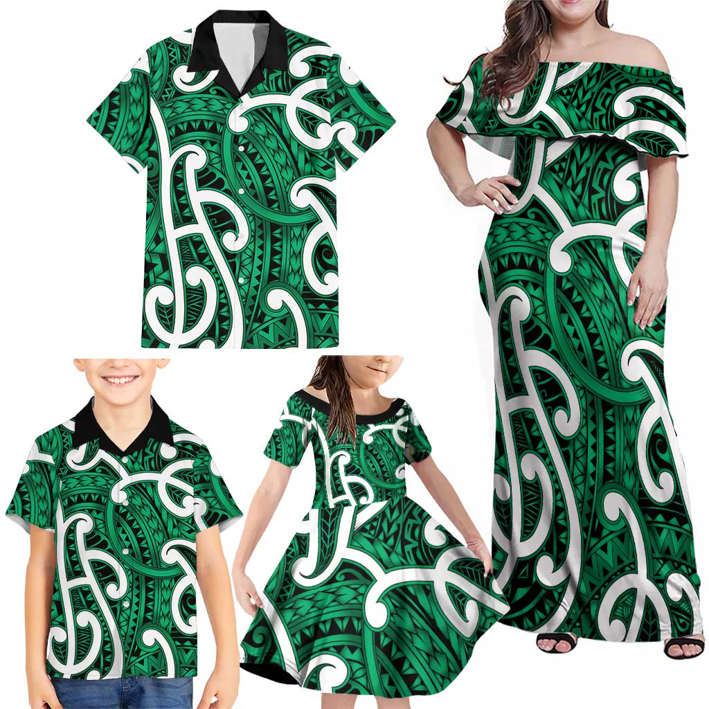 Aotearoa Maori Kowhaiwhai Family Matching Off Shoulder Maxi Dress and Hawaiian Shirt Kakariki Puhoro and Patiki LT9 - Polynesian Pride