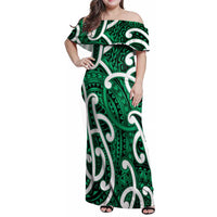 Aotearoa Maori Kowhaiwhai Family Matching Off Shoulder Maxi Dress and Hawaiian Shirt Kakariki Puhoro and Patiki LT9 Mom's Dress Green - Polynesian Pride