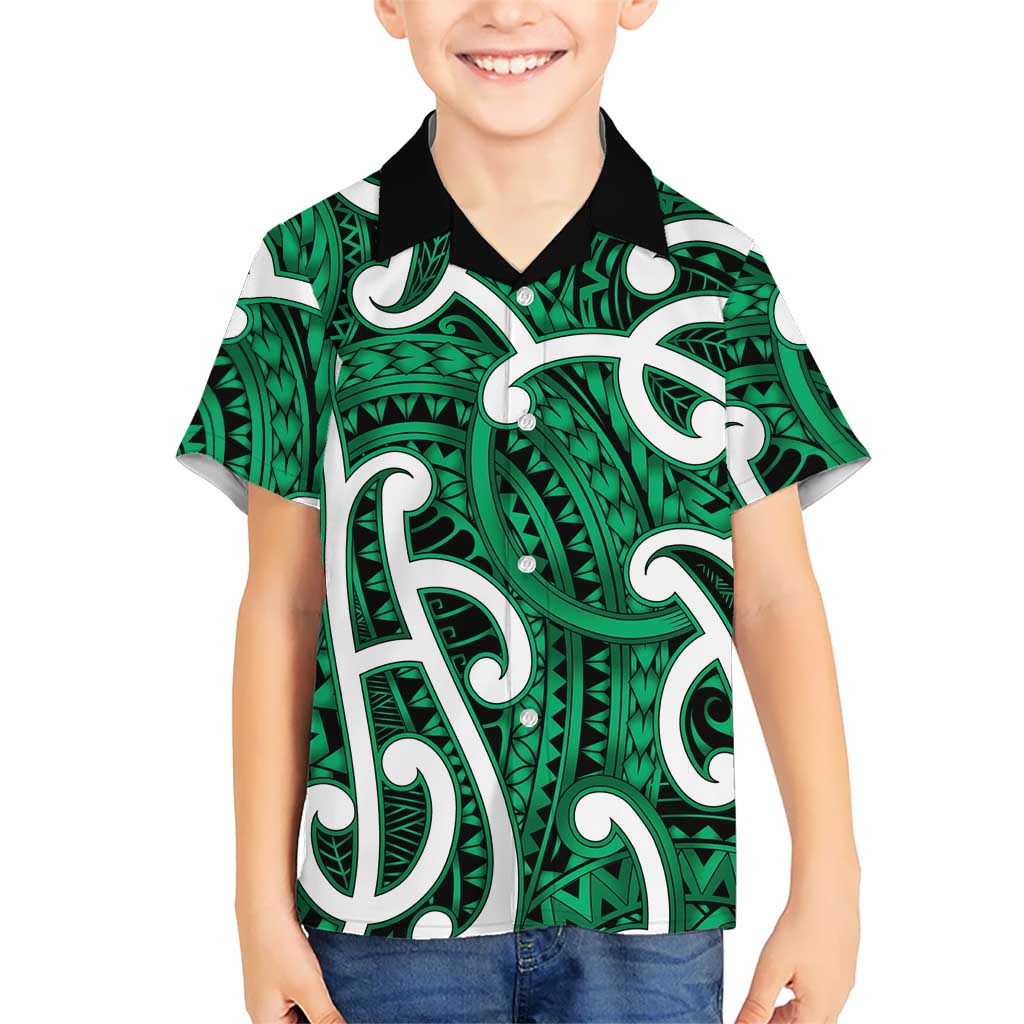 Aotearoa Maori Kowhaiwhai Family Matching Off Shoulder Maxi Dress and Hawaiian Shirt Kakariki Puhoro and Patiki LT9 Son's Shirt Green - Polynesian Pride