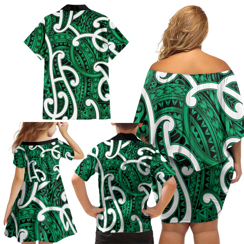 Aotearoa Maori Kowhaiwhai Family Matching Off Shoulder Short Dress and Hawaiian Shirt Kakariki Puhoro and Patiki LT9 - Polynesian Pride