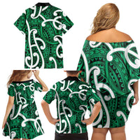 Aotearoa Maori Kowhaiwhai Family Matching Off Shoulder Short Dress and Hawaiian Shirt Kakariki Puhoro and Patiki LT9 - Polynesian Pride