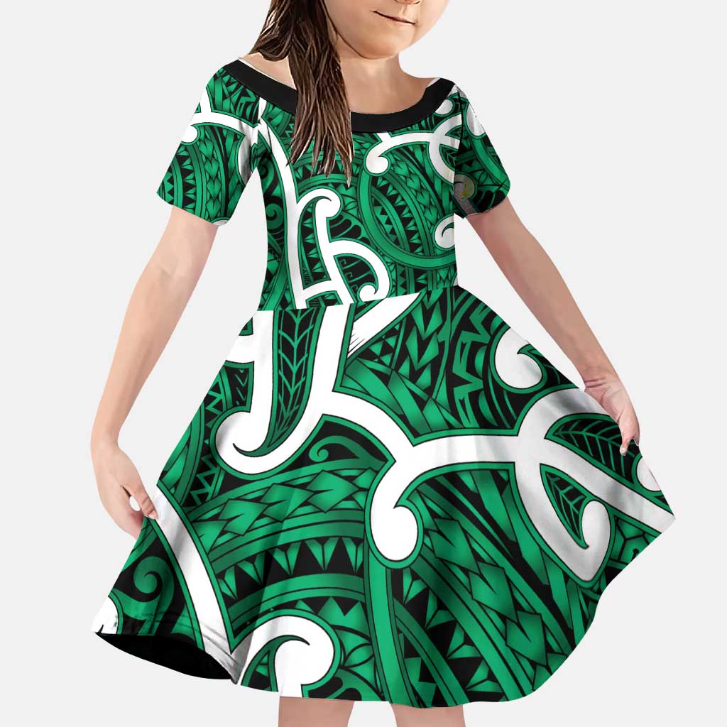 Aotearoa Maori Kowhaiwhai Family Matching Puletasi and Hawaiian Shirt Kakariki Puhoro and Patiki LT9 Daughter's Dress Green - Polynesian Pride
