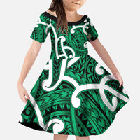 Aotearoa Maori Kowhaiwhai Family Matching Puletasi and Hawaiian Shirt Kakariki Puhoro and Patiki LT9 Daughter's Dress Green - Polynesian Pride