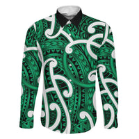 Aotearoa Maori Kowhaiwhai Family Matching Puletasi and Hawaiian Shirt Kakariki Puhoro and Patiki LT9 Dad's Shirt - Long Sleeve Green - Polynesian Pride
