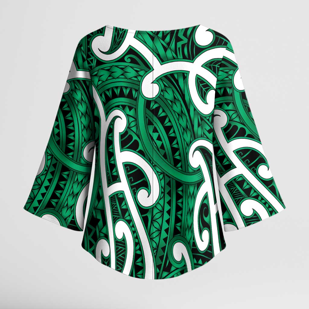 Aotearoa Maori Kowhaiwhai Kimono Sleeve Blouse Kakariki Puhoro and Patiki