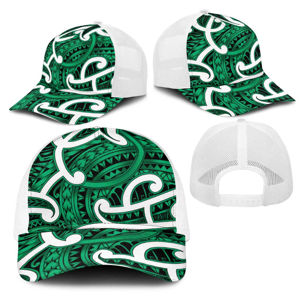 Aotearoa Maori Kowhaiwhai Mesh Trucker Cap Kakariki Puhoro and Patiki