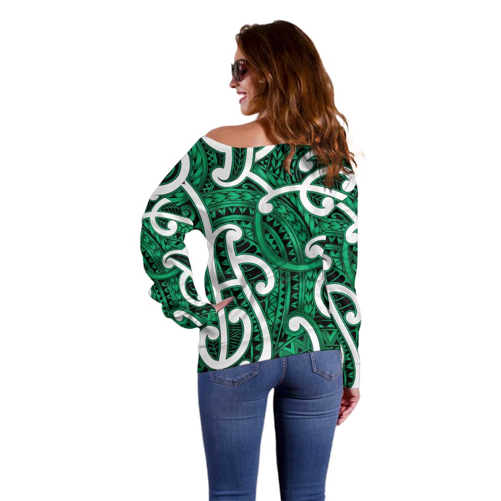 Aotearoa Maori Kowhaiwhai Off Shoulder Sweater Kakariki Puhoro and Patiki