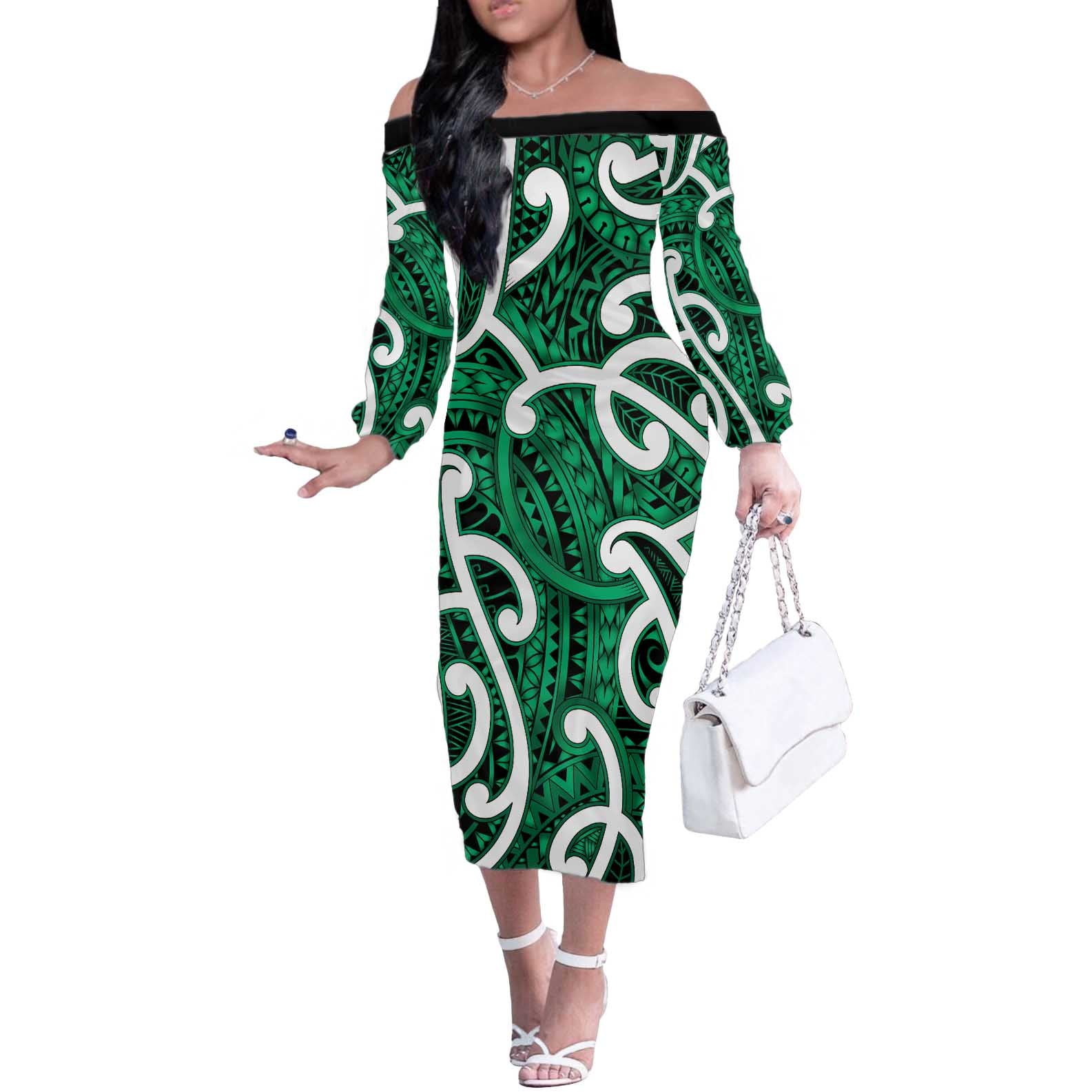 Aotearoa Maori Kowhaiwhai Off The Shoulder Long Sleeve Dress Kakariki Puhoro and Patiki