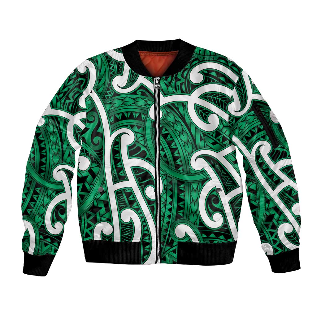 Aotearoa Maori Kowhaiwhai Sleeve Zip Bomber Jacket Kakariki Puhoro and Patiki