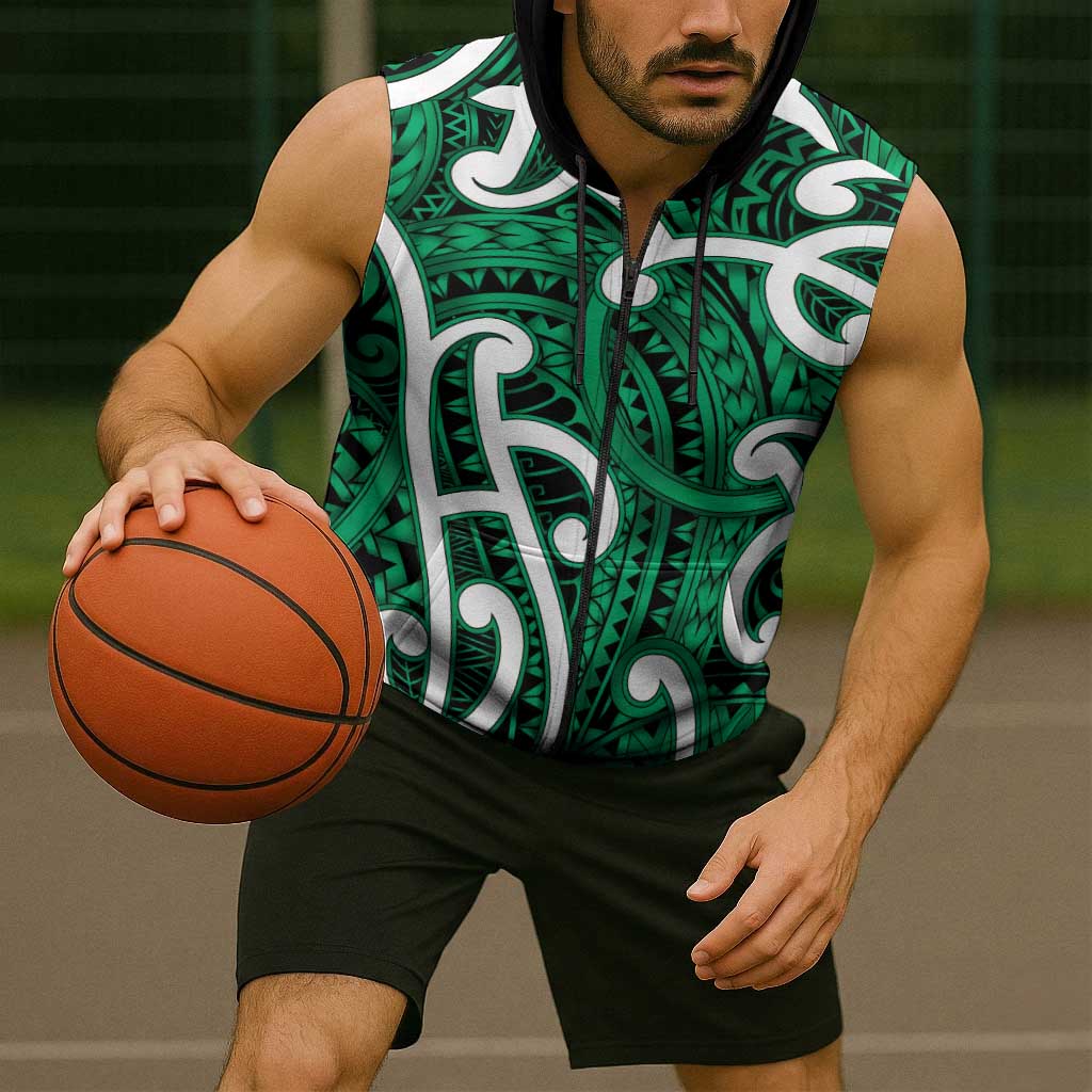 Aotearoa Maori Kowhaiwhai Sleeveless Zip Hoodie Kakariki Puhoro and Patiki