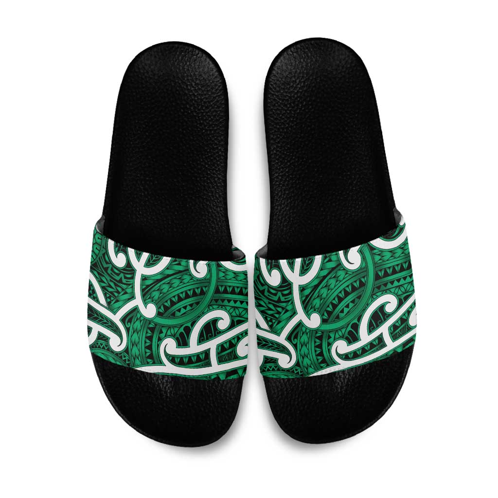 Aotearoa Maori Kowhaiwhai Slide Sandals Kakariki Puhoro and Patiki