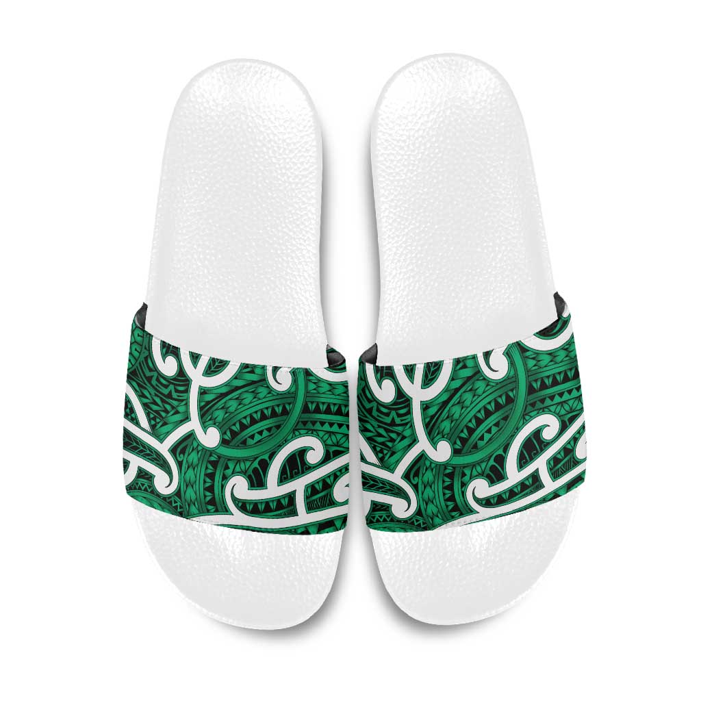 Aotearoa Maori Kowhaiwhai Slide Sandals Kakariki Puhoro and Patiki
