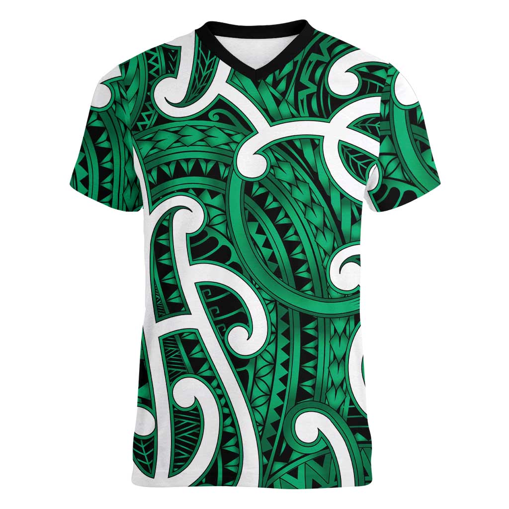 Aotearoa Maori Kowhaiwhai Women V-Neck T-Shirt Kakariki Puhoro and Patiki