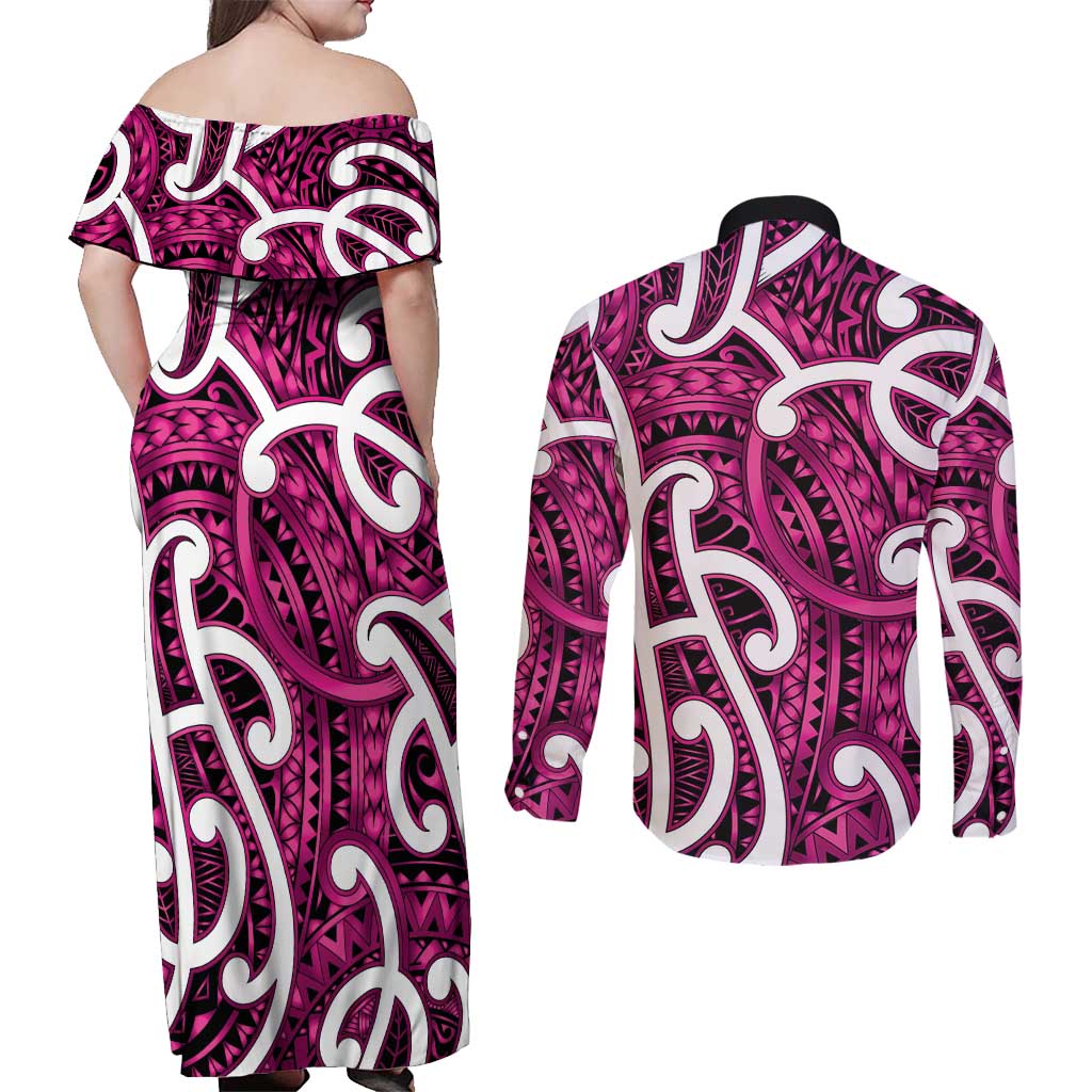 Aotearoa Maori Kowhaiwhai Couples Matching Off Shoulder Maxi Dress and Long Sleeve Button Shirt Mawhero Puhoro and Patiki LT9 - Polynesian Pride