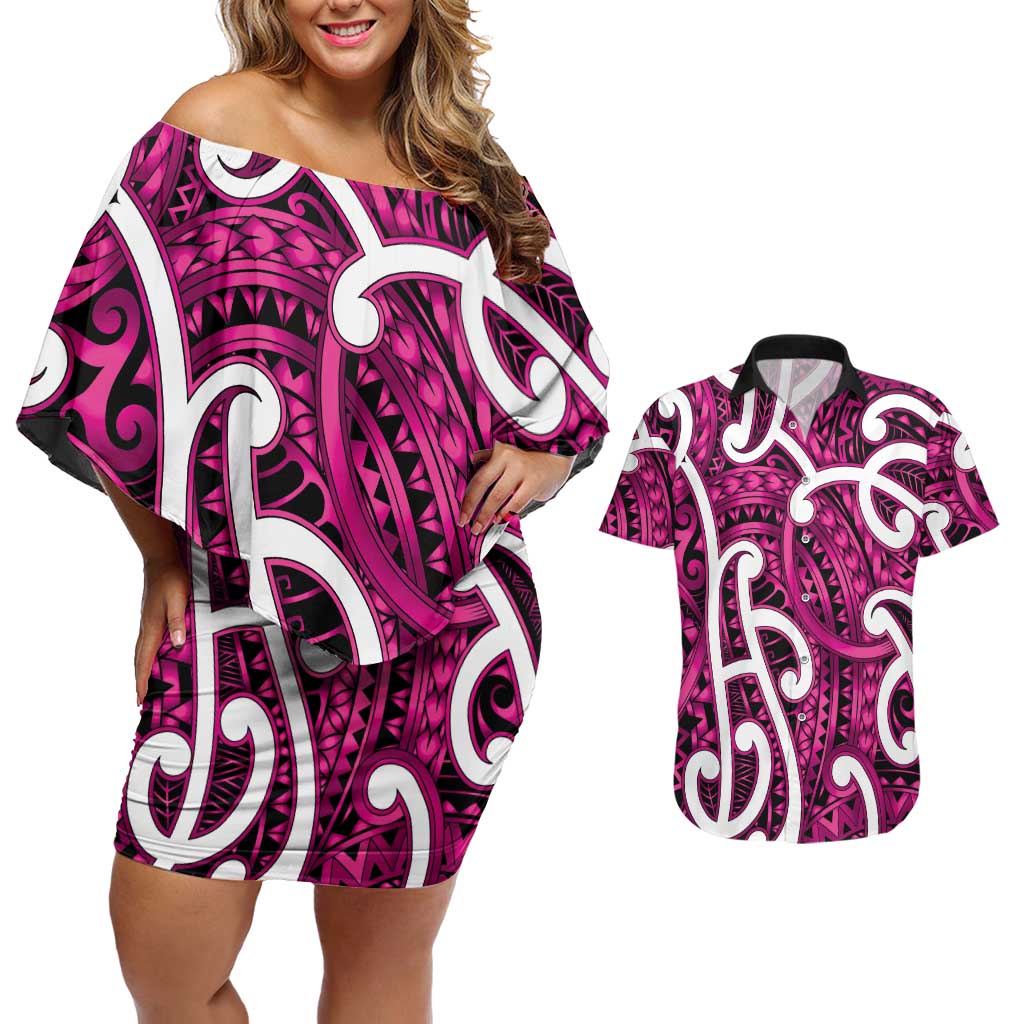 Aotearoa Maori Kowhaiwhai Couples Matching Off Shoulder Short Dress and Hawaiian Shirt Mawhero Puhoro and Patiki