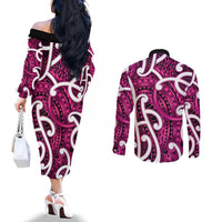 Aotearoa Maori Kowhaiwhai Couples Matching Off The Shoulder Long Sleeve Dress and Long Sleeve Button Shirt Mawhero Puhoro and Patiki LT9 - Polynesian Pride