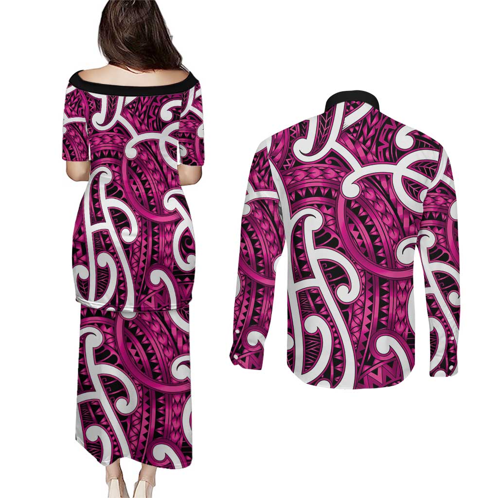 Aotearoa Maori Kowhaiwhai Couples Matching Puletasi and Long Sleeve Button Shirt Mawhero Puhoro and Patiki