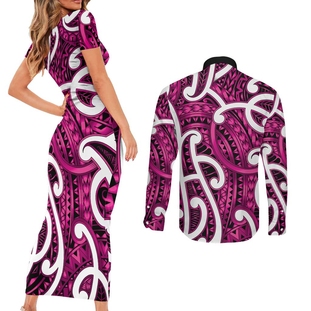 Aotearoa Maori Kowhaiwhai Couples Matching Short Sleeve Bodycon Dress and Long Sleeve Button Shirt Mawhero Puhoro and Patiki LT9 - Polynesian Pride