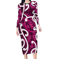 Aotearoa Maori Kowhaiwhai Family Matching Long Sleeve Bodycon Dress and Hawaiian Shirt Mawhero Puhoro and Patiki LT9 Mom's Dress Pink - Polynesian Pride