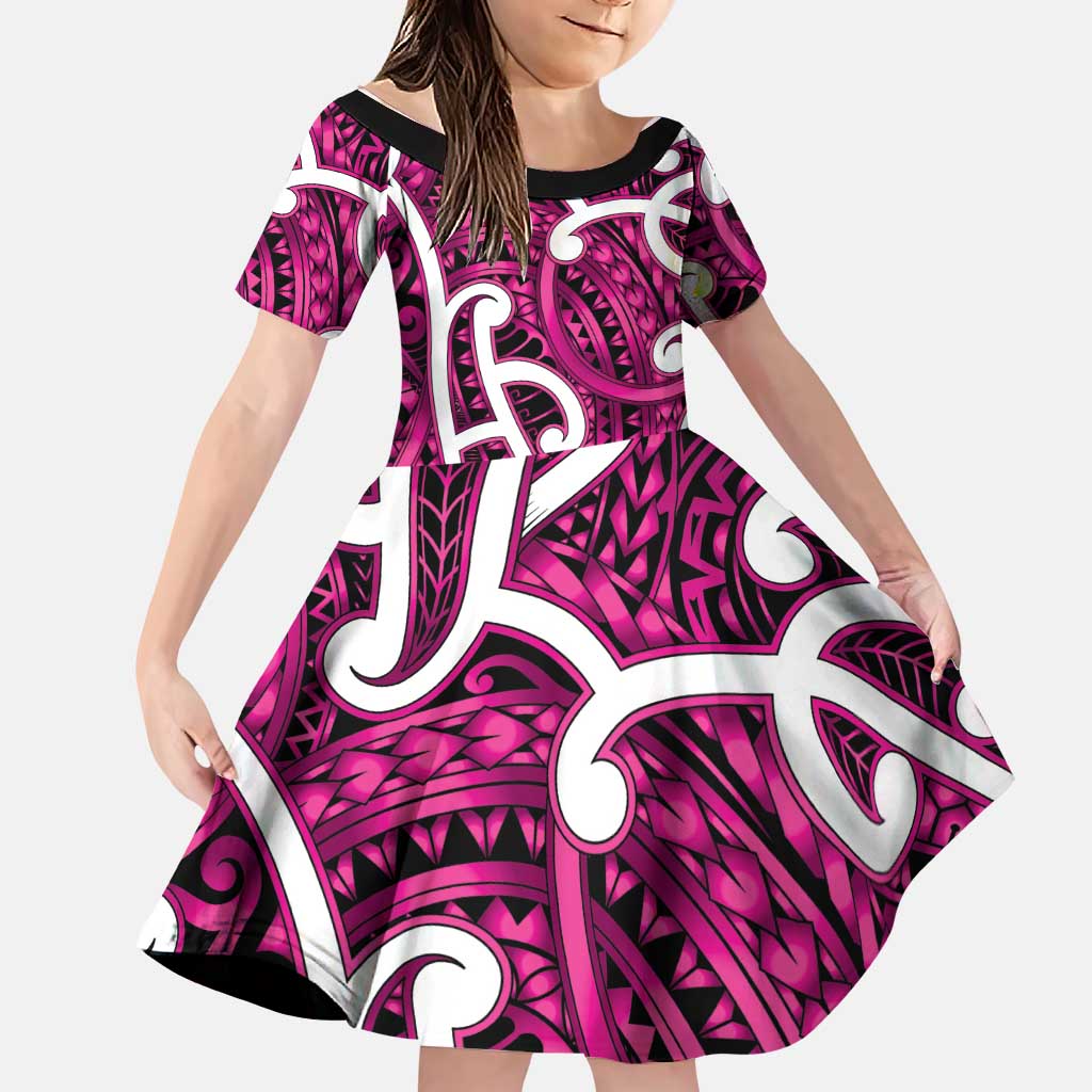 Aotearoa Maori Kowhaiwhai Family Matching Off Shoulder Maxi Dress and Hawaiian Shirt Mawhero Puhoro and Patiki LT9 Daughter's Dress Pink - Polynesian Pride