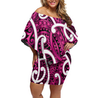 Aotearoa Maori Kowhaiwhai Family Matching Off Shoulder Short Dress and Hawaiian Shirt Mawhero Puhoro and Patiki LT9 Mom's Dress Pink - Polynesian Pride