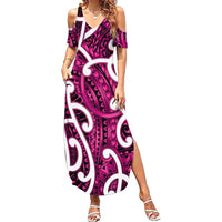 Aotearoa Maori Kowhaiwhai Family Matching Summer Maxi Dress and Hawaiian Shirt Mawhero Puhoro and Patiki LT9 Mom's Dress Pink - Polynesian Pride