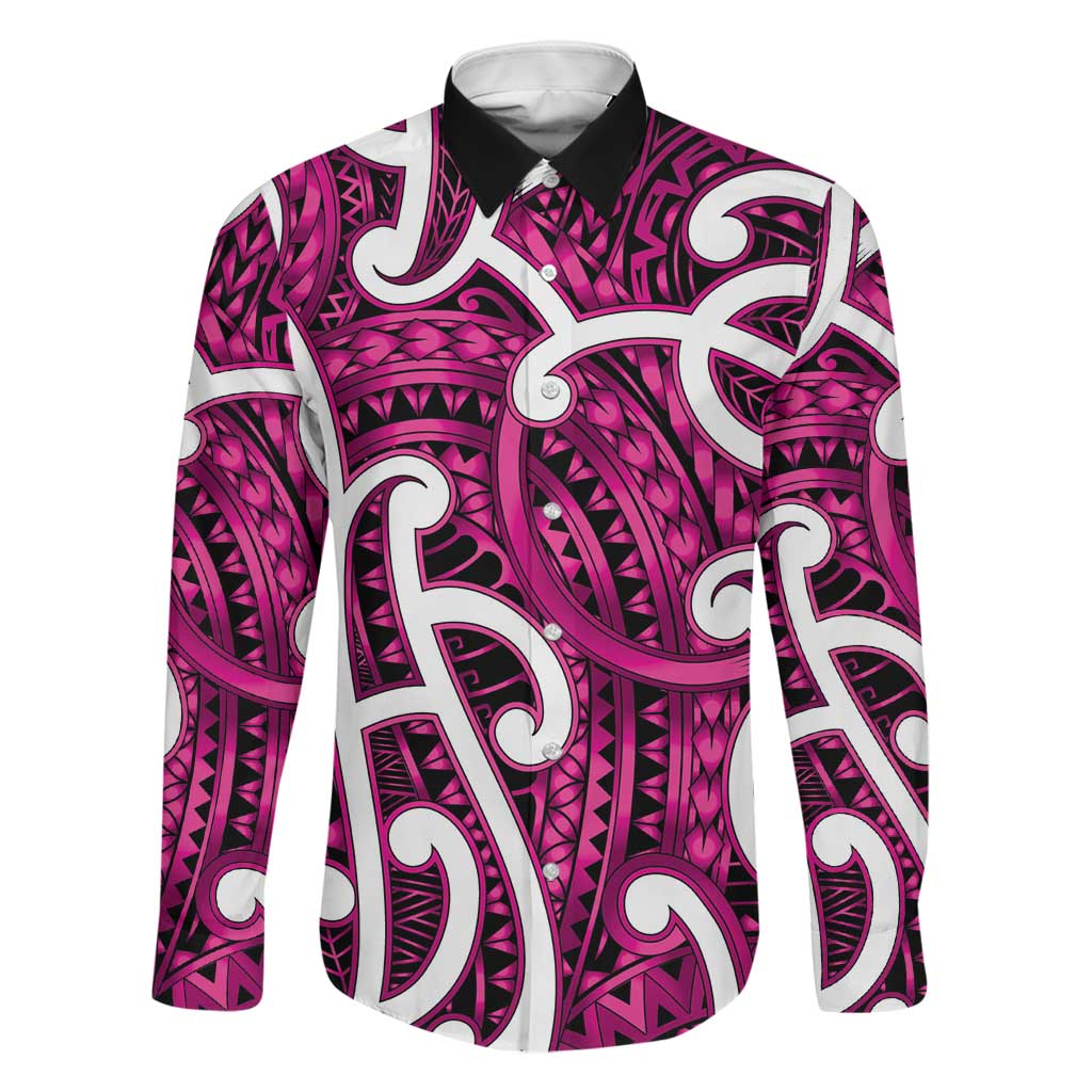 Aotearoa Maori Kowhaiwhai Family Matching Tank Maxi Dress and Hawaiian Shirt Mawhero Puhoro and Patiki LT9 Dad's Shirt - Long Sleeve Pink - Polynesian Pride