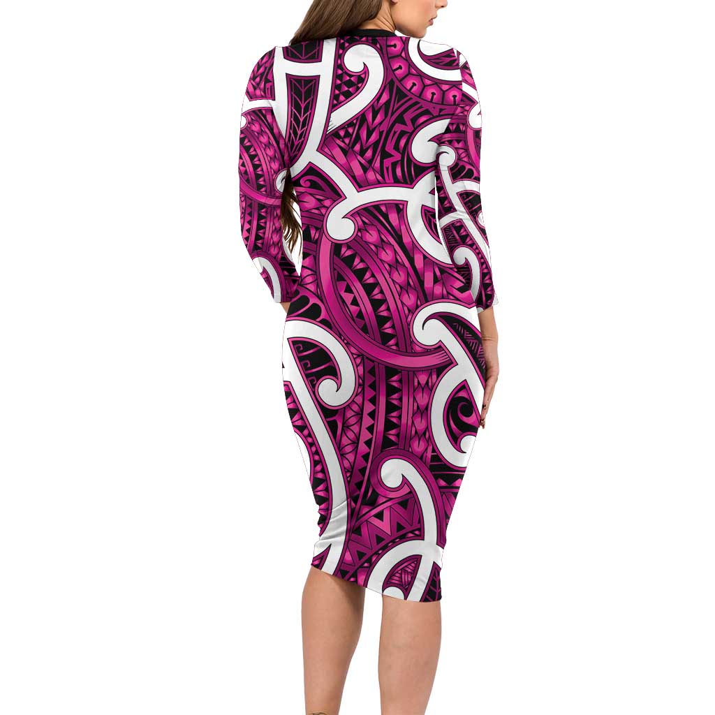 Aotearoa Maori Kowhaiwhai Long Sleeve Bodycon Dress Mawhero Puhoro and Patiki
