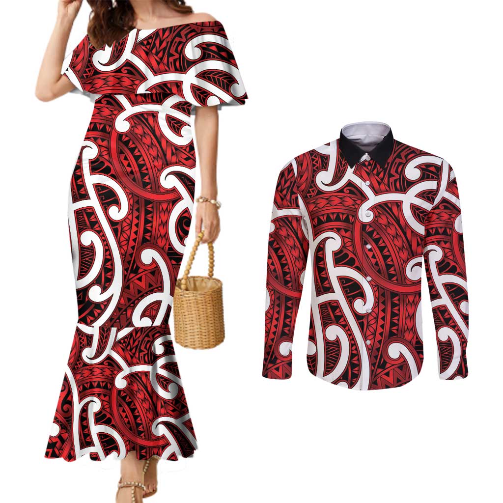 Aotearoa Maori Kowhaiwhai Couples Matching Mermaid Dress and Long Sleeve Button Shirt Whero Puhoro and Patiki LT9 Red - Polynesian Pride