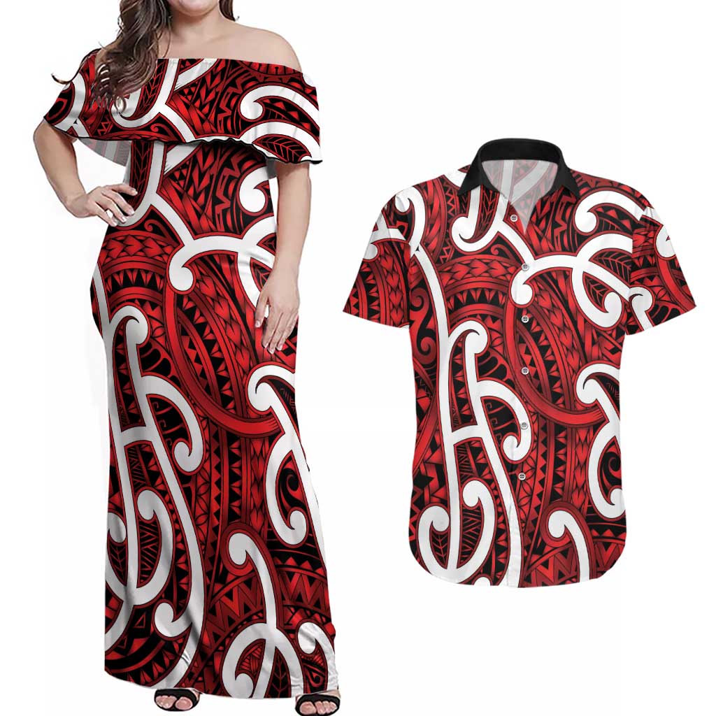 Aotearoa Maori Kowhaiwhai Couples Matching Off Shoulder Maxi Dress and Hawaiian Shirt Whero Puhoro and Patiki LT9 Red - Polynesian Pride