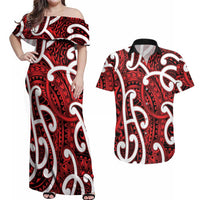 Aotearoa Maori Kowhaiwhai Couples Matching Off Shoulder Maxi Dress and Hawaiian Shirt Whero Puhoro and Patiki LT9 Red - Polynesian Pride