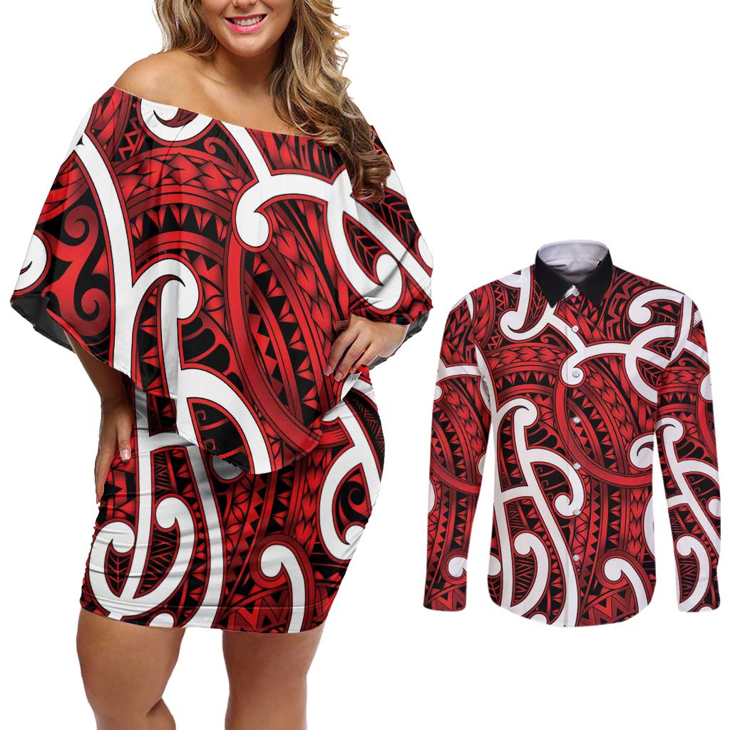 Aotearoa Maori Kowhaiwhai Couples Matching Off Shoulder Short Dress and Long Sleeve Button Shirt Whero Puhoro and Patiki