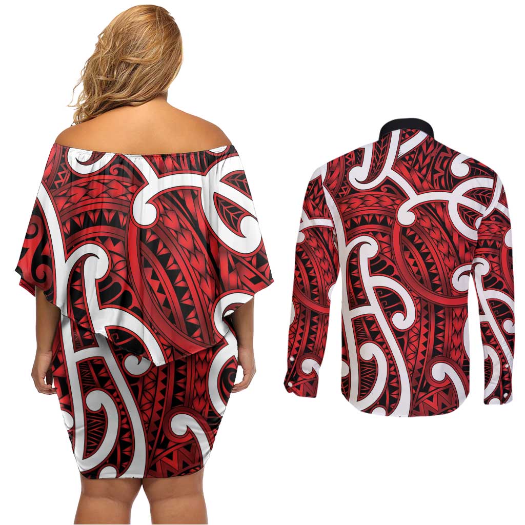 Aotearoa Maori Kowhaiwhai Couples Matching Off Shoulder Short Dress and Long Sleeve Button Shirt Whero Puhoro and Patiki