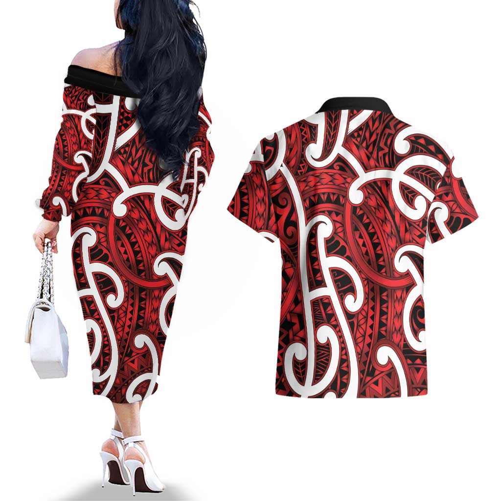 Aotearoa Maori Kowhaiwhai Couples Matching Off The Shoulder Long Sleeve Dress and Hawaiian Shirt Whero Puhoro and Patiki LT9 - Polynesian Pride