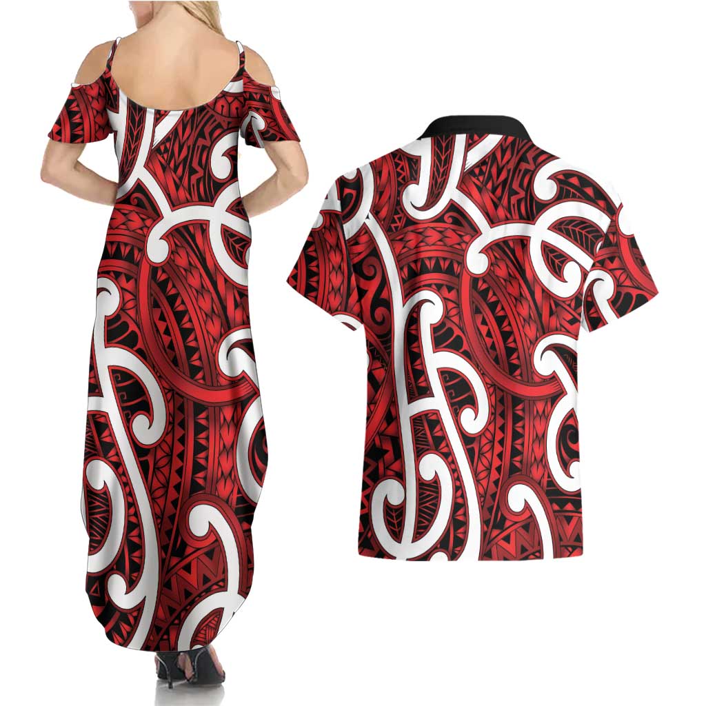 Aotearoa Maori Kowhaiwhai Couples Matching Summer Maxi Dress and Hawaiian Shirt Whero Puhoro and Patiki LT9 - Polynesian Pride