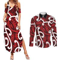 Aotearoa Maori Kowhaiwhai Couples Matching Summer Maxi Dress and Long Sleeve Button Shirt Whero Puhoro and Patiki