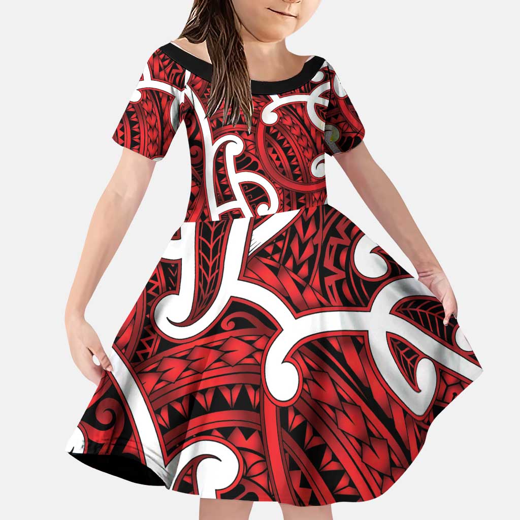 Aotearoa Maori Kowhaiwhai Family Matching Long Sleeve Bodycon Dress and Hawaiian Shirt Whero Puhoro and Patiki LT9 Daughter's Dress Red - Polynesian Pride