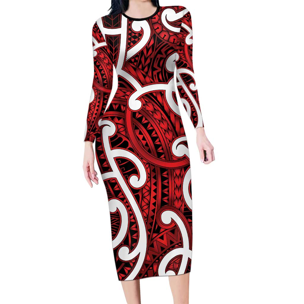 Aotearoa Maori Kowhaiwhai Family Matching Long Sleeve Bodycon Dress and Hawaiian Shirt Whero Puhoro and Patiki LT9 Mom's Dress Red - Polynesian Pride