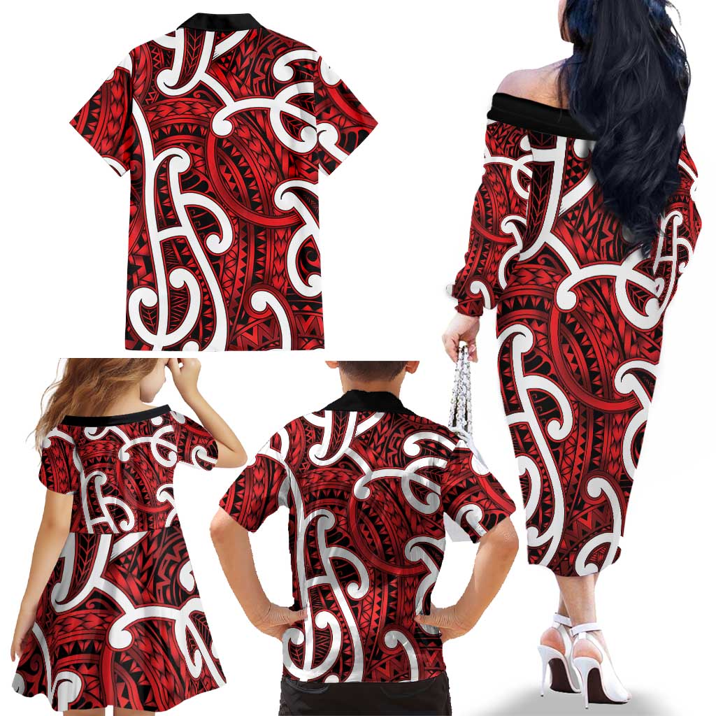 Aotearoa Maori Kowhaiwhai Family Matching Off The Shoulder Long Sleeve Dress and Hawaiian Shirt Whero Puhoro and Patiki LT9 - Polynesian Pride