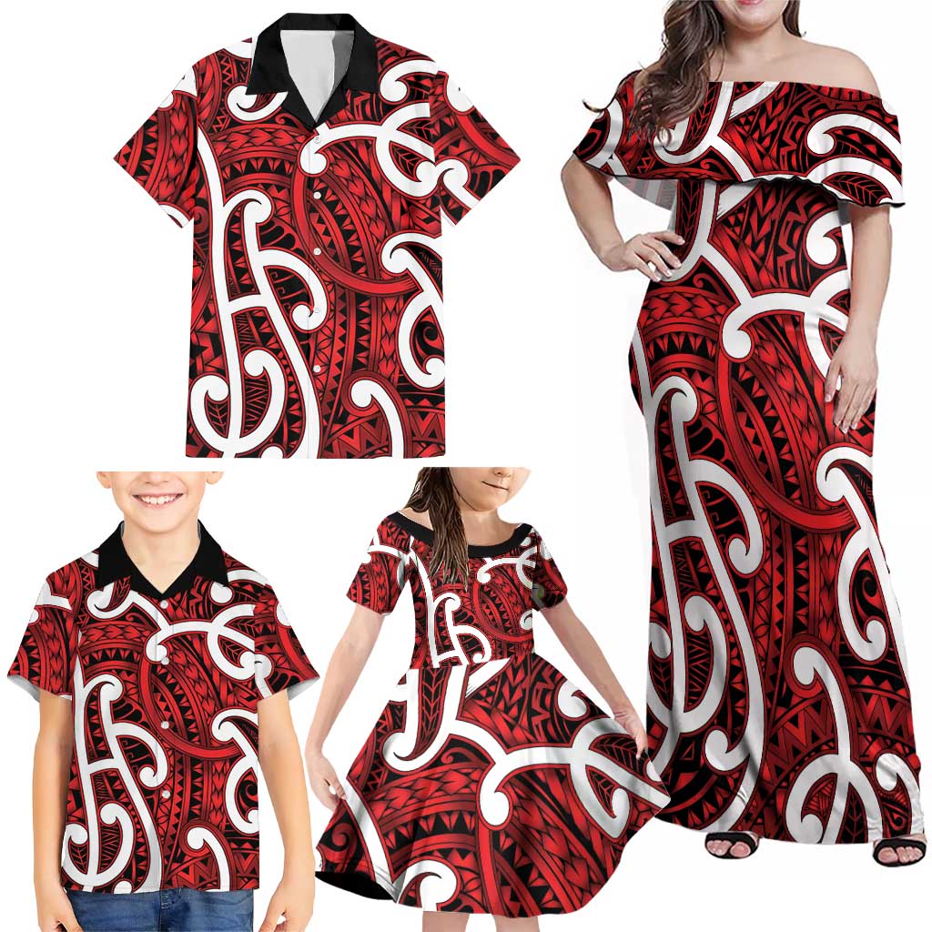 Aotearoa Maori Kowhaiwhai Family Matching Off Shoulder Maxi Dress and Hawaiian Shirt Whero Puhoro and Patiki LT9 - Polynesian Pride