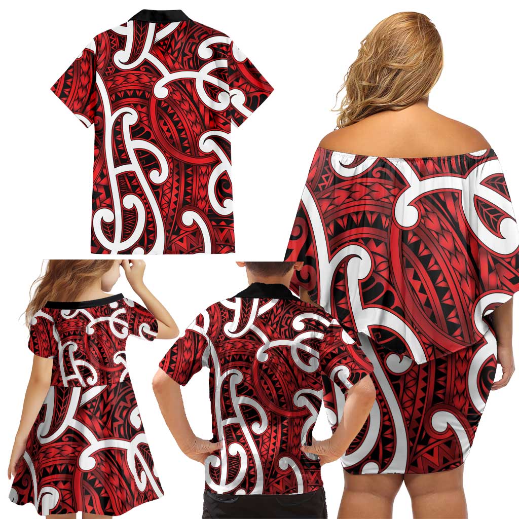 Aotearoa Maori Kowhaiwhai Family Matching Off Shoulder Short Dress and Hawaiian Shirt Whero Puhoro and Patiki LT9 - Polynesian Pride